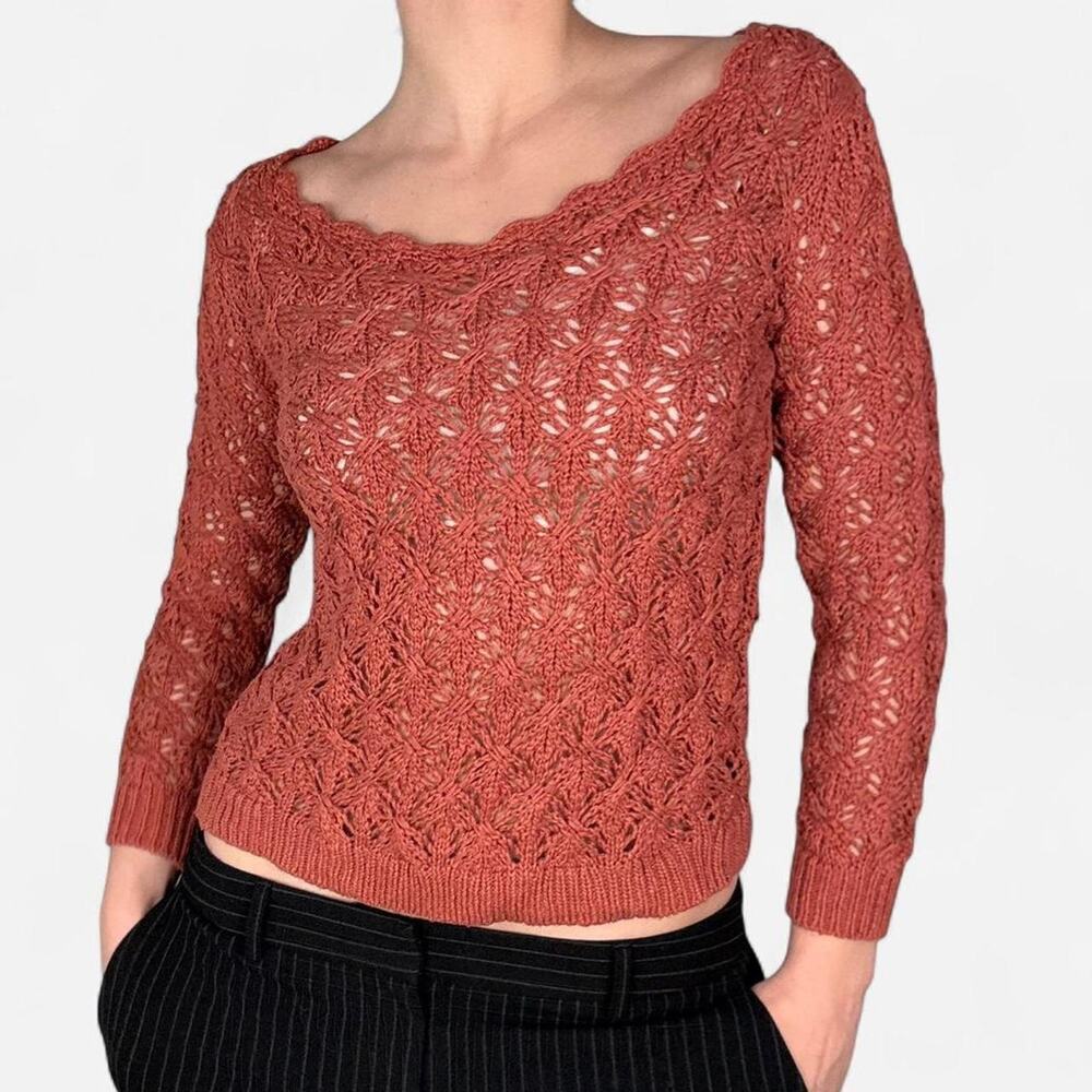 Loft Orange open knit knit crochet sweater sheer wide neckline 100% cotton, XSP
